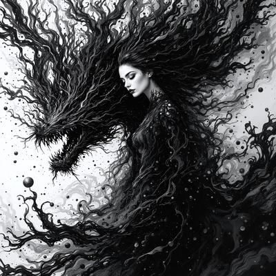 The primary subject of the image is a woman with long, flowing hair, who is depicted as a mermaid. She is surrounded by a swirling, dark, and somewhat chaotic background, which adds to the overall mood of the scene. The visual style of the image is a combination of digital art and illustration, creating a unique and captivating representation of the mermaid. The colors in the image are predominantly dark, with some hints of light and shadows, which contribute to the dramatic and mysterious atmosphere.